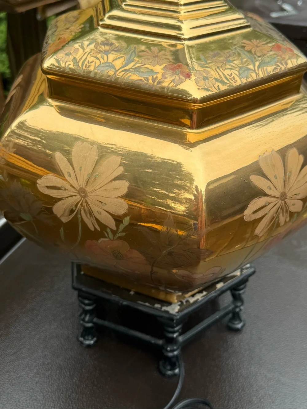 Vintage Solid Cast Brass Chinoiserie Ginger Jar Table Lamp hand painted flowers